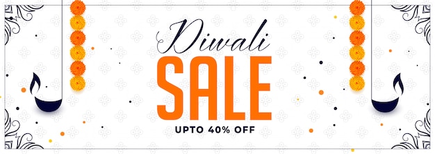 Free Vector happy diwali sale banner with diya and marigold flower