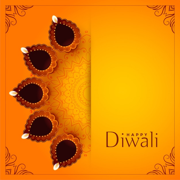 Free Vector happy diwali yellow background with decorative diya