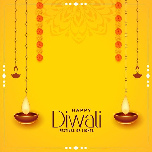 Happy diwali yellow decorative card with hanging diya design