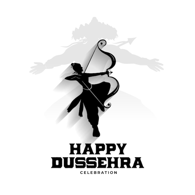 Happy dussehra card with lord rama and raavan silhouette