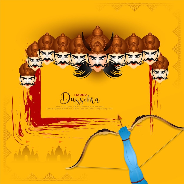 Free vector happy dussehra traditional indian festival yellow card with ten headed ravana design