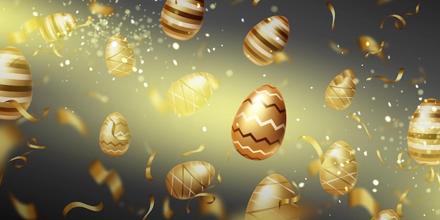 Happy Easter card with golden eggs and ribbons