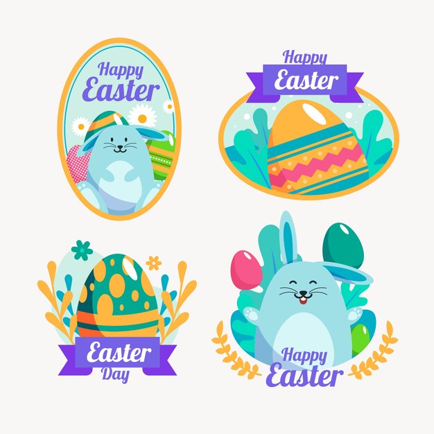 Happy easter day flat design badge with fluffy bunny