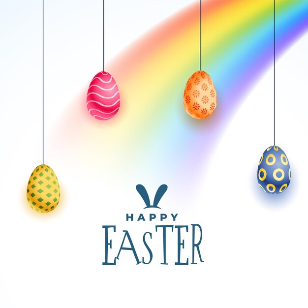 Happy easter day greeting card with colorful eggs and rainbow