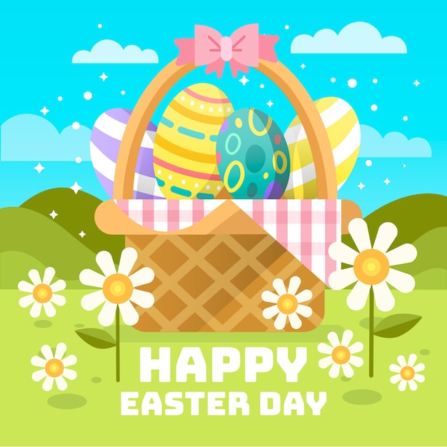 Free Vector happy easter day with basket and eggs