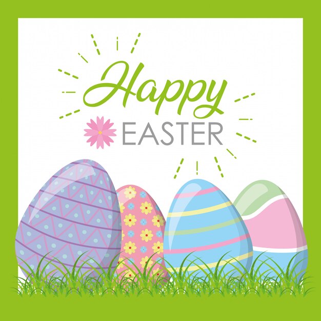 Happy easter eggs on grass greeting card