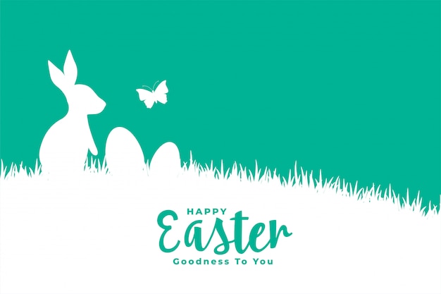 Happy easter flat style card with rabbit on grass