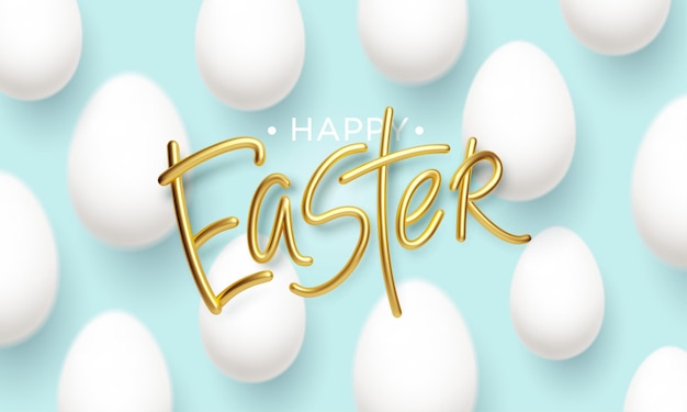 Free Vector happy easter golden inscription on a blue background with realistic white easter eggs. vector illustration eps10