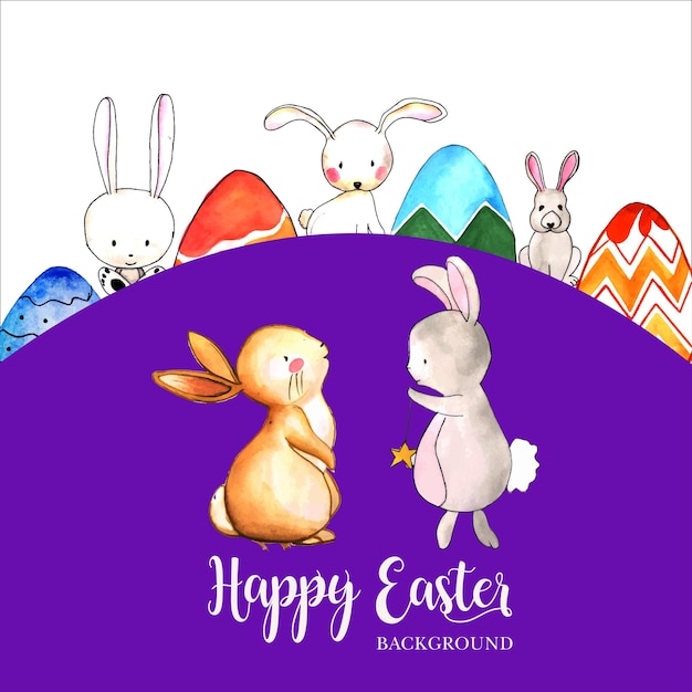 Happy Easter Greeting Bunny Blue Brown Colourful Eggs Purple White Background Banner