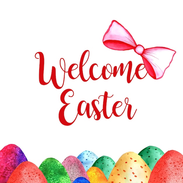 Happy Easter Greetings Purple Blue Green Colourful Eggs Pink Ribbon White Background Banner