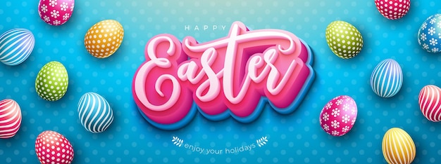 Free vector happy easter illustration with colorful painted egg and 3d typography lettering on blue background