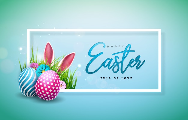 Happy Easter Illustration with Colorful Painted Egg and Rabbit Ears