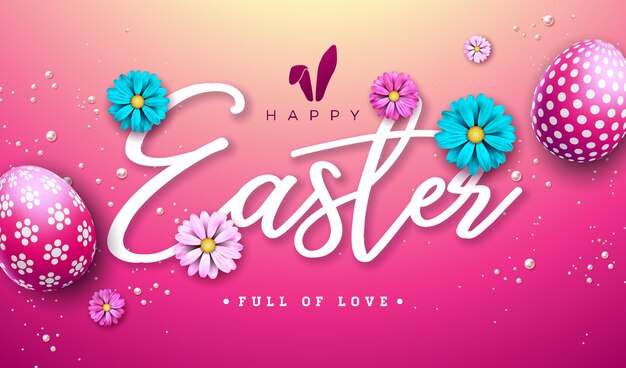 Happy Easter Illustration with Colorful Painted Egg and Spring Flower on Pink Background