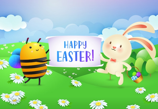 Happy Easter lettering on banner held by bee and rabbit