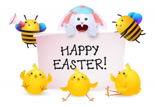 Happy Easter lettering with rabbit, bees and chicks characters