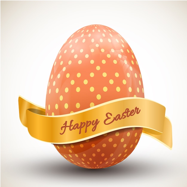 Free Vector happy easter with big orange polka dot egg and ribbon realistic vector illustration