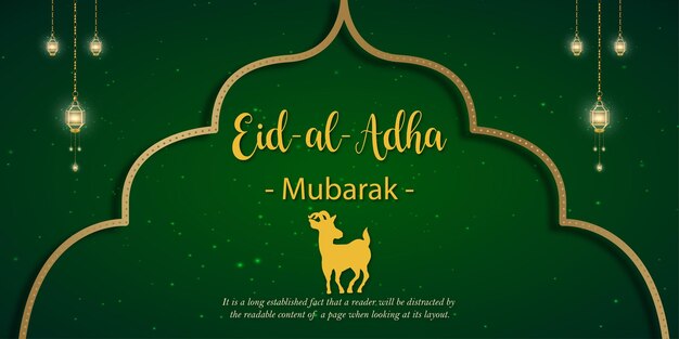 Happy Eid Al Adha Greetings Green Golden Background Islamic Social Media Banner Free Vector