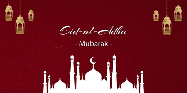 Happy Eid Al Adha Greetings Red White Golden Background Islamic Social Media Banner Free Vector