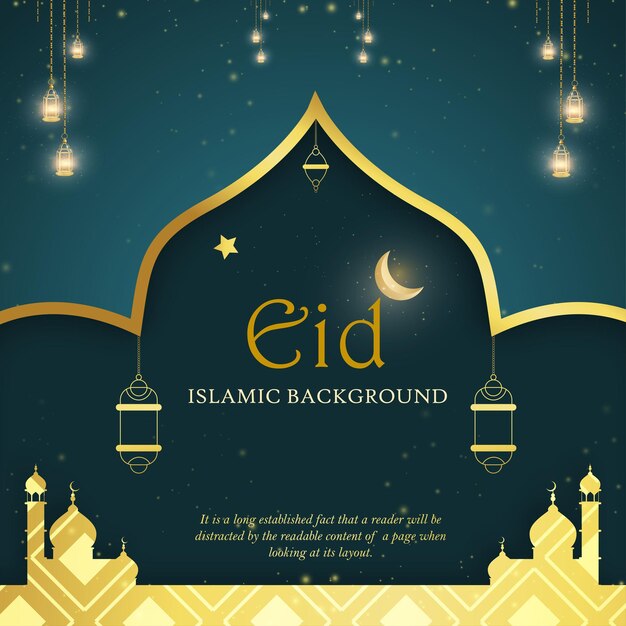 Happy Eid Greetings Blue Golden Background Islamic Social Media Banner