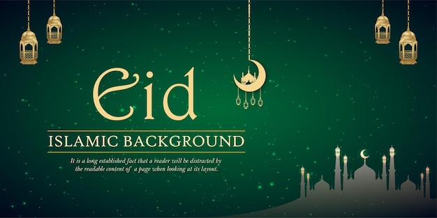 Happy Eid Greetings Green Golden Background Islamic Social Media Banner Free Vector