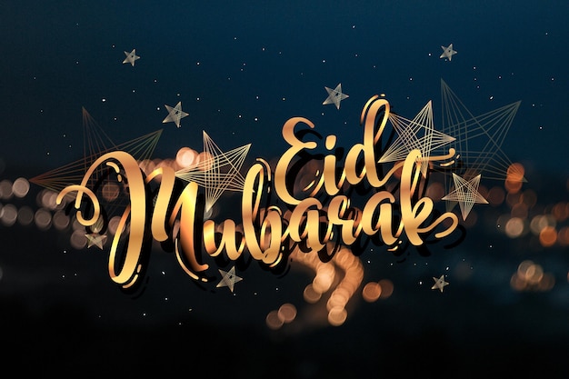 Happy eid mubarak lettering and blurred city