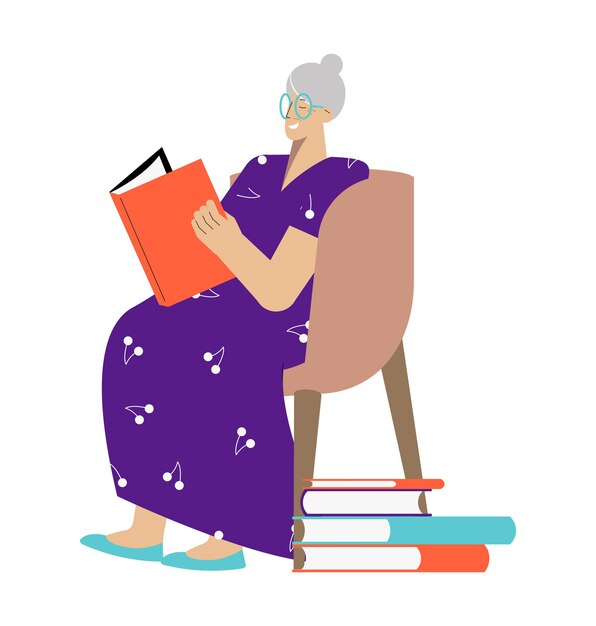 Free Vector happy elderly woman reading book in armchair flat