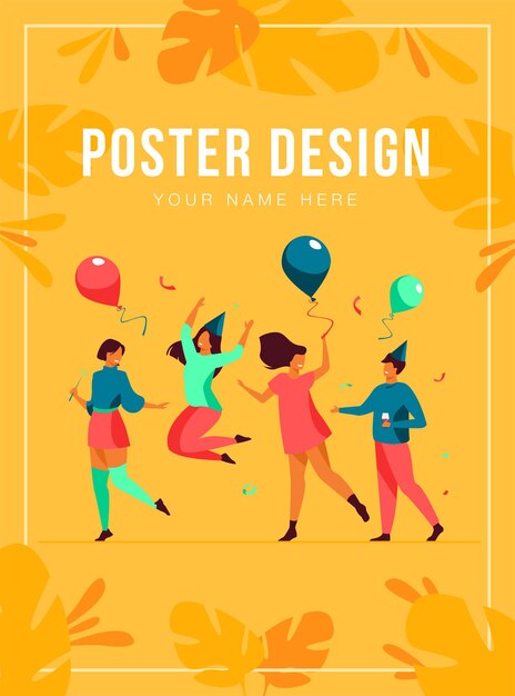 Happy excited people dancing at party poster template