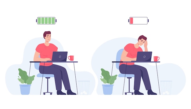 Free Vector happy and exhausted man at workplace flat vector illustration. tired and frustrated employee sitting at desk, working on laptop. professional burnout, mental health, efficiency concept