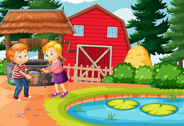 Happy family in farm scene in cartoon style