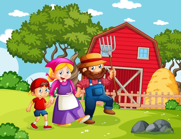 Free Vector happy family in farm scene in cartoon style