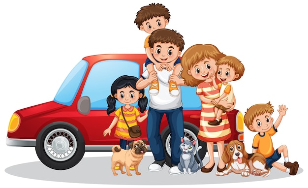 Happy family in front of car