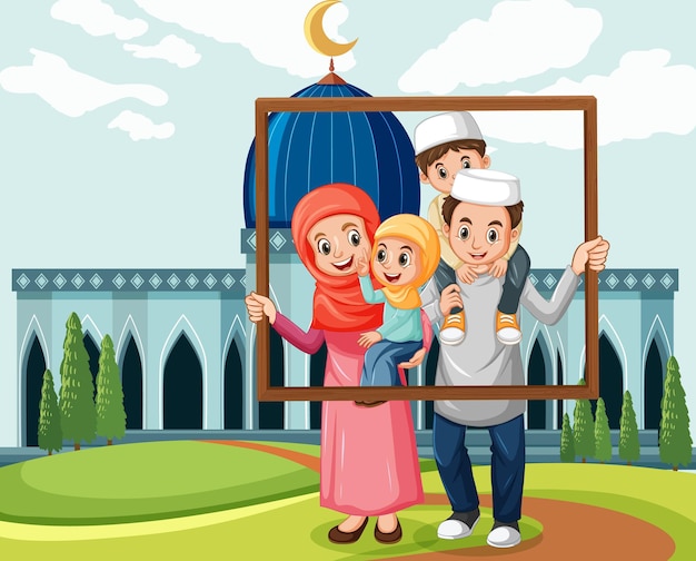 Happy family holding photo frame with mosque on the background