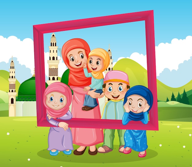 Happy family holding photo frame with mosque