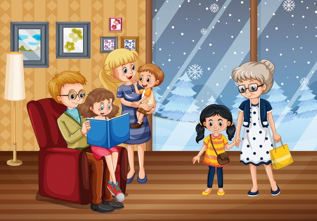 Happy family at the house in winter