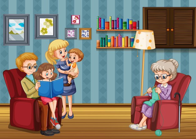 Free Vector happy family in the living room scene