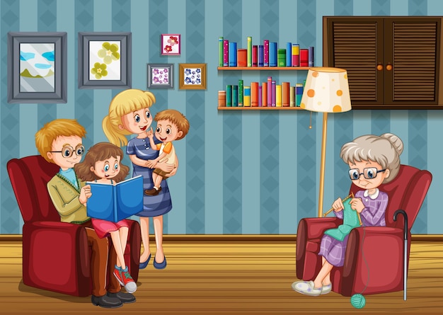 Happy family in the living room scene