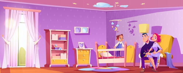 Happy family in nursery room Vector cartoon illustration of cute little girl standing in baby crib loving parents sitting in armchair photo frames on purple walls toys on shelf sunlight in window