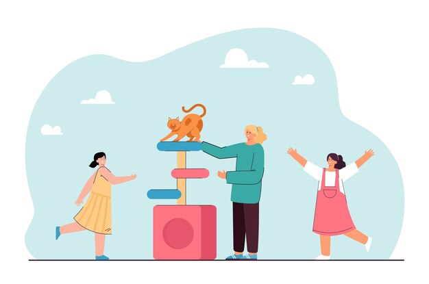 Happy family people playing with scratching post and cat house. Kitten climbing on top of tower flat vector illustration. Toy from pet store concept for banner, website design or landing web page