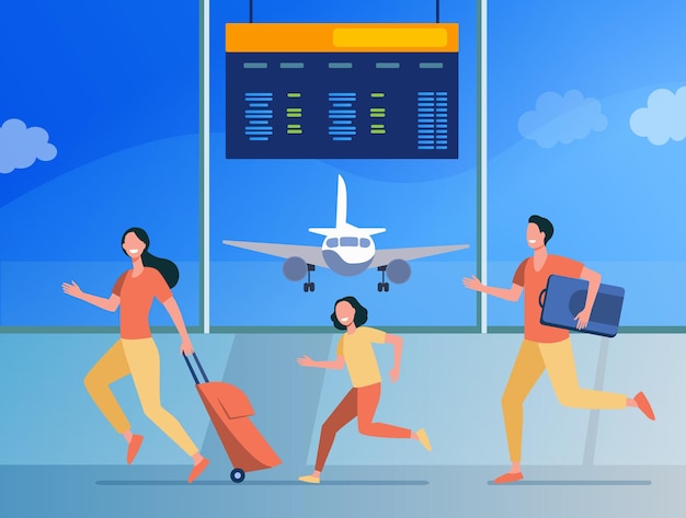 Happy family running for flight registration. Tourist, baggage, plane flat illustration