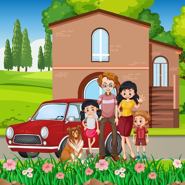 Free vector happy family standing outside home with a car