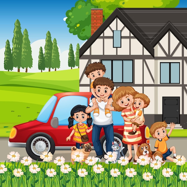 Free Vector happy family standing outside home with a car