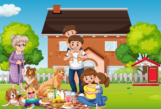 Free Vector happy family standing outside home with their pets