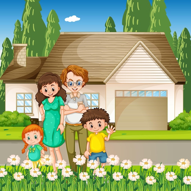 Free Vector happy family standing outside home