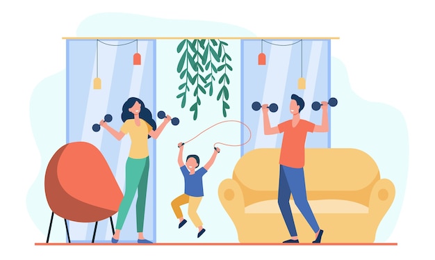 Happy family training together flat illustration.