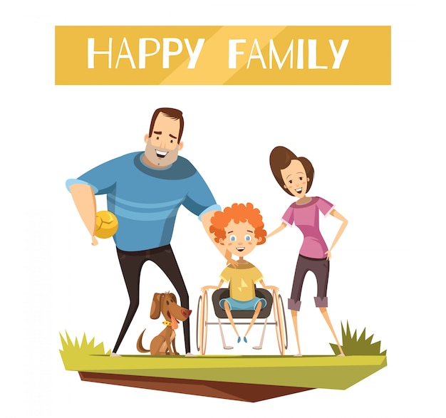 Free Vector happy family with disabled kid on wheelchair and dog during walk cartoon