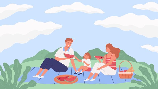 Happy family with kid eating watermelon on picnic flat illustration