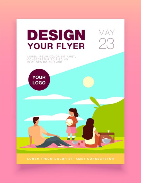 Happy family with kid relaxing on nature flyer template