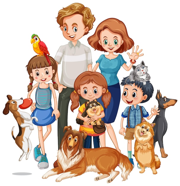 Free vector happy family with their pets in cartoon style