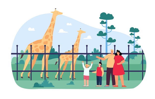 Free vector happy family at zoo flat vector illustration. mother, father, son and daughter looking at giraffes in cage, spending time together on weekend. wild animals in enclosure. safari concept