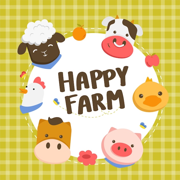 Happy farm cake decorated with faces of animals, sheep, chickens, pigs, ducks and cows.